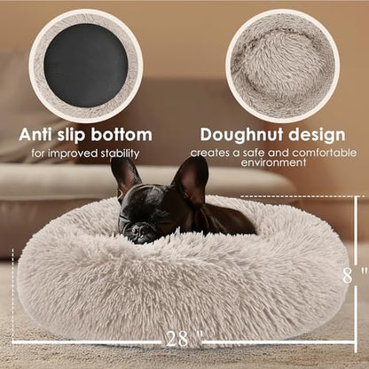 28in Large Dog Bed, Calming Donut Bed for Puppy and Kitten (Brown)