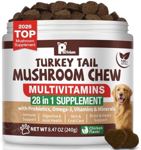 Turkey Tail Mushroom for Dogs with Probiotics - Mushroom Supplement for Dogs Lumps and Bumps, Reishi, Lion's Mane - Immune Boost, Gut Health, Lipoma, Joint & Skin Support Multivitamin, 120 Chews