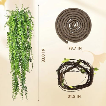 5 PCS Gecko Tank Accessories,Gecko Coconut Hide with Ladder Reptile Terrarium Plants Hammock Climbing Flexible Jungle Vine Tank Decor for Crested Gecko,Baby Bearded Dragon,Chameleon,Snake