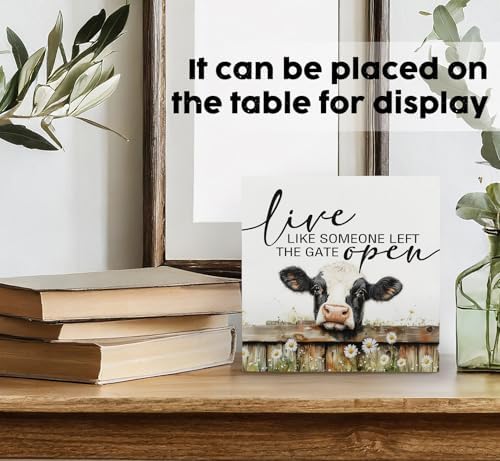 Cow Signs - Farm Cottagecore Animal Office Kitchen Bedroom Decor,Rustic Farmhouse Live like Someone Left the Gate Open Home Decor Wooden Signs,Cow Gifts for Women,8x8