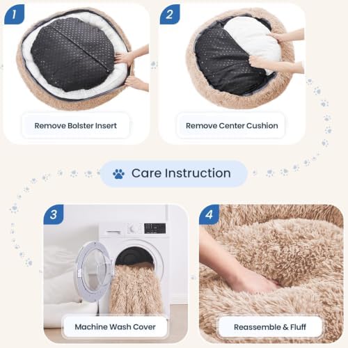 JOLLYVOGUE Calming Washable Dog Bed Medium Size Dog, 31 Inch Donut Medium Dog Bed with Removable Cover, Anti-Slip Round Fluffy Faux Fur Bed, Fits up to 45 lbs Pets, Camel