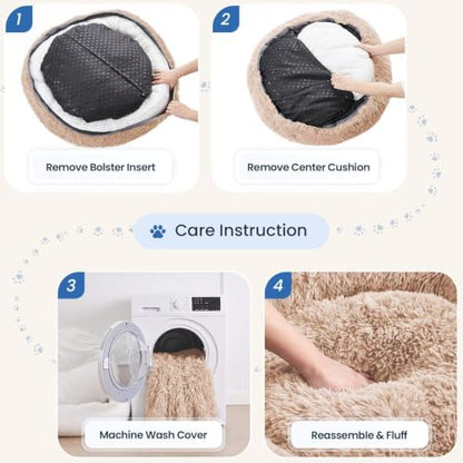 JOLLYVOGUE Calming Washable Dog Bed Medium Size Dog, 31 Inch Donut Medium Dog Bed with Removable Cover, Anti-Slip Round Fluffy Faux Fur Bed, Fits up to 45 lbs Pets, Camel