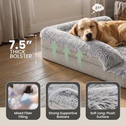 Corner Dog Bed Large, 36" Calming Fluffy Orthopedic Pet Beds, Beige