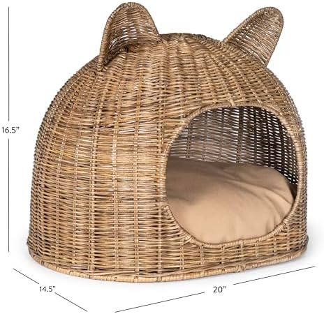 CBD1000A Cat Ear 20" x 14.5" Coastal Handwoven Rattan Cat Bed with Machine-Washable Cushion, Natural