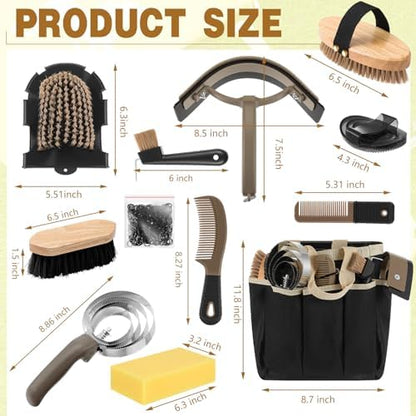 Abbylike 12 Piece Horse Grooming Kit with Organizer Tote Bag Brush Sets for Derby Day Show Horses Professional Tools for Care & Massage
