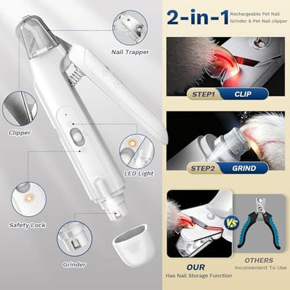 2-in-1 Dog&Cat Nail Clippers with Light, Type-c Pet Claw Trimmer & Grinder