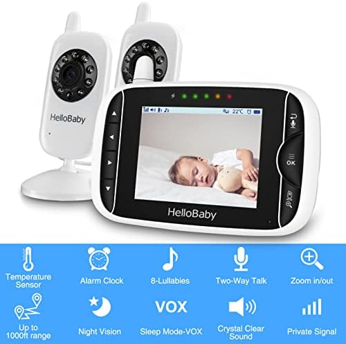 HelloBaby Baby Monitor with 2 Cameras, Baby Monitor No WiFi, Baby Monitor with Camera and Audio,Video Baby Monitor, Night Vision 2-Way Audio, Fully Remote Pan & Tilt, 2X Zoom, ECO Mode, 8 Lullabies