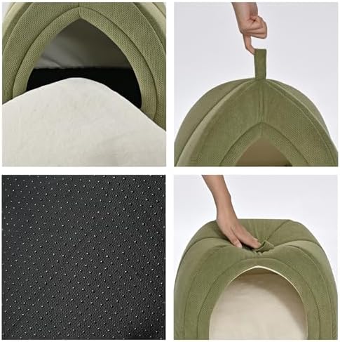 Amazon Basics Cat Cave Bed, 2-in-1 Foldable House for Indoor Cats, with Washable Cushion and Non-Slip Base, 15 x 15 Inches, Small, Green