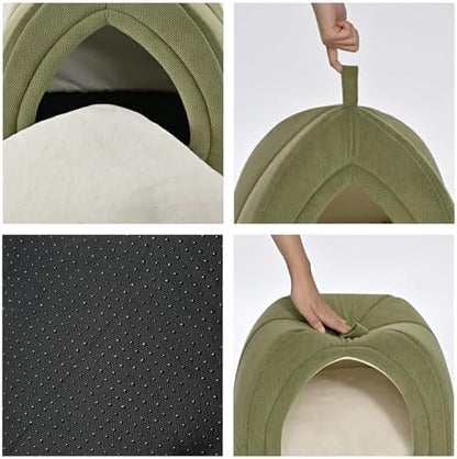 Amazon Basics Cat Cave Bed, 2-in-1 Foldable House for Indoor Cats, with Washable Cushion and Non-Slip Base, 15 x 15 Inches, Small, Green