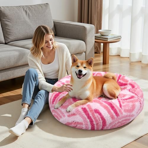 Calming Soft Round Dog & Cat Bed, Donut Cuddler Warming Cozy Fluffy Plush Cushion Beds for Small Medium Sized Dog and Cat