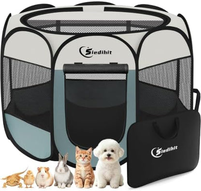 Siedihit Dog Cat Playpen, Puppy Pet Playpen Indoor for Small Dog Crate Tent Cage Outdoor, Portable Pop Up Dogs Enclosure Kennel with Carrying Case for Dogs/Cats/Rabbits(Grey, Small