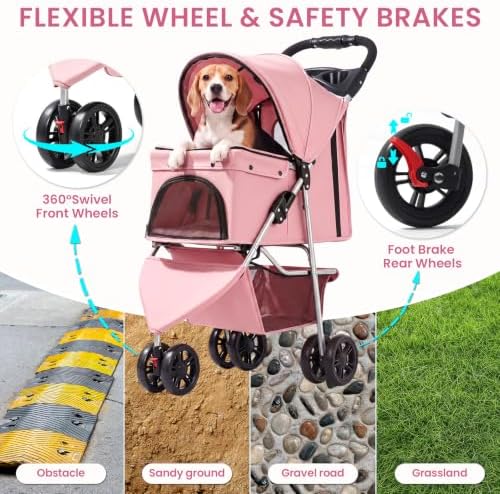 Pet Stroller for Small Medium Cats Dogs, 3-Wheel, One-Click Foldable