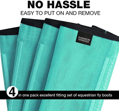 Harrison Howard Loose Fitting Fly Boots UV-Protective Extra Tough Mesh Ventilated Four Fasteners Stay-on Design Protect Horse Legs & Stomp-Reducing Set of 4 Mint Small