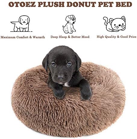 otoez Kitten Puppy Bed Extra Small XS Round Dog Cat Beds Anti Anxiety Plush Pet Calming Donut Bed with Non-Slip Waterproof Bottom, Washable (15.7", Khaki)