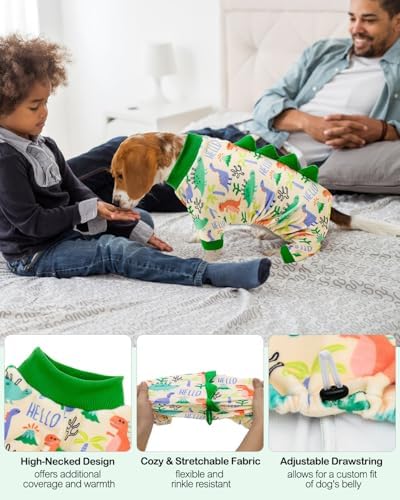 CuteBone Dinosaur Costume Dog Pajamas, Stretchy Spandex Crystal Velvet Sleepwear Coat for Small Dogs, Soft & Warm Pet Outfit Clothes for Cold Weather, Cozy Pullover Design COSP15L