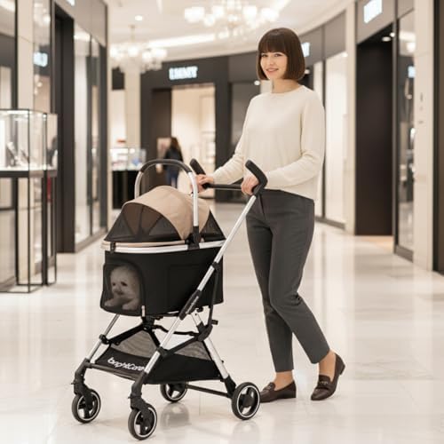 Small Pet Stroller for Dogs & Cats Under 20 lb with Detachable Carrier, Converts to Car Seat, Ultra-Lightweight only 11lb, One Hand Fold