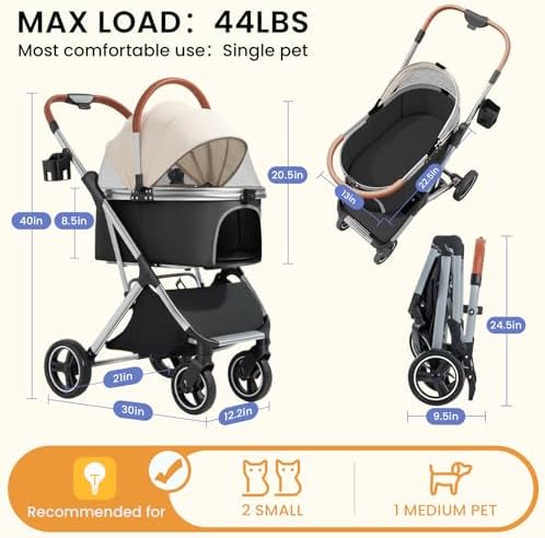 Dog Strollers for Small Medium Dogs Cats 44 lbs,3-in-1 Detachable Pet Carrier Stroller,4 Wheels One-Hand Fold Travel Carriage with Storage Basket,Pet Pad,Cup Holder,Khaki