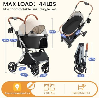 Dog Strollers for Small Medium Dogs Cats 44 lbs,3-in-1 Detachable Pet Carrier Stroller,4 Wheels One-Hand Fold Travel Carriage with Storage Basket,Pet Pad,Cup Holder,Khaki
