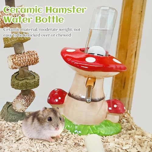 BNOSDM Hamster Water Bottle No Drip Ceramic Hamster Water Bottle for Glass Tank - 80ML Water Dispenser with Mushroom Stand Holder for Syrian Hamsters, Dwarf Hamsters, Mice, Gerbils(red)