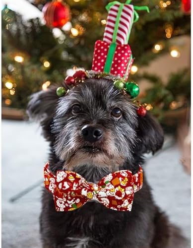 Lionheart glory Dog Bow Collar Red Christmas Santa Deer Print Dog Collar for Small Dogs Adjustable Soft Sturdy Girl or Boy Collars with Bowtie Fall Collar Bows