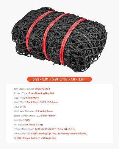 VEVOR Round Bale Hay Net, 5.91 x 5.91 x 5.91 ft, 1.5 inch Holes, PE Material, Knotless Design, with Zip Ties, Needle Shuttle, Repair Twine and Storage Bag, Slow Feeder Round Bale Net for Horses