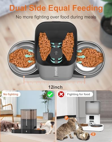 HoneyGuaridan Automatic Cat Feeder for 2 Cats, 2.4/5G WiFi Smart Feed Pet Feeder with Stainless Steel Bowl,APP Control Dispenser, Dual Power Supply,Desiccant Bag,10s Meal Call Black
