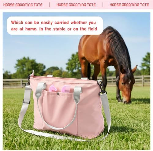 Abbylike 15 Pieces Horse Grooming Kit with Organizer Tote Bag Tack Room Supplies Horse Brush Sets Care Equine Cleaning Kit Shedding Grooming Massaging Tools(Pink and Grey)