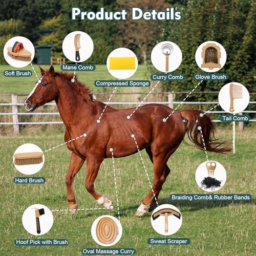 13PCS Professional Horse Grooming,Cleaning Care Brush Set with Tote Bag