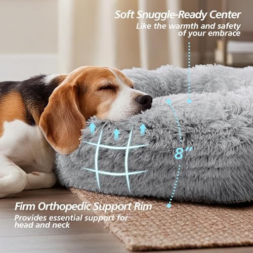 JOLLYVOGUE Calming Dog Bed Medium Size Dog, Anti-Anxiety Donut Medium Pet Bed, 27 inches Fluffy Faux Fur Round Cat Bed (Smoke Grey)
