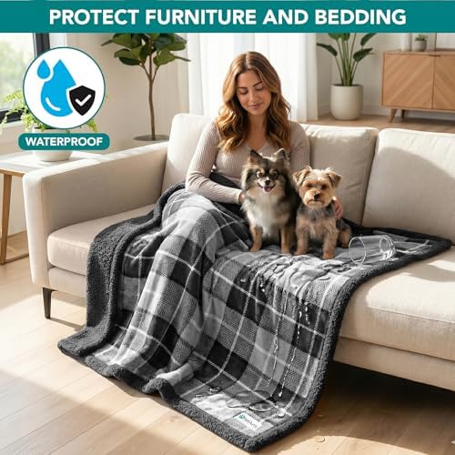 PetAmi Waterproof Dog Blanket for Medium Large Dog Pet, 60x40, Plaid Grey