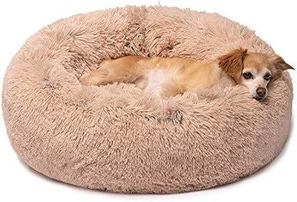 Friends Forever Donut Dog Bed Faux Fur Fluffy Calming Sofa For Small Dogs, Soft & Plush Anti Anxiety Pet Couch For Dogs, Machine Washable Coco Pet Bed with Non-Slip Bottom, 23"x23"x6" Tan
