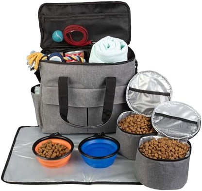 Dog Travel Bag - Cat and Dog Storage Organizer with Pockets, Mat, 2 Food Containers, and 2 Large Collapsible Travel Pet Bowls by PETMAKER (Gray)