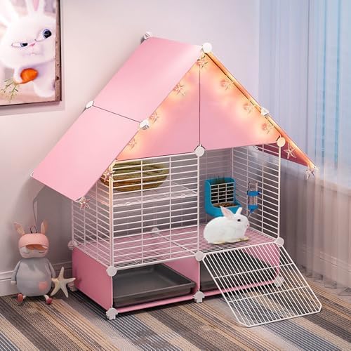 Choowin 2-Story Small Rabbit Cage Bunny Hutch Guinea Pig Cage Small Animals House, Metal Wire Netting Villa with Pull-Out Tray, Indoor Habitat for Ferret Chinchilla Hedgehog, Pink