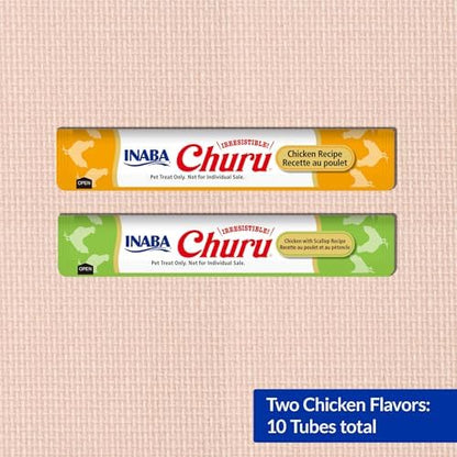 INABA Churu Cat Treats, Lickable, Squeezable Creamy Purée Cat Treat with Green Tea Extract & Taurine, 0.5 Ounces Each Tube, 10 Tubes, Chicken Variety