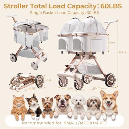 Double Pet Stroller with Detachable Carriers,Ideal for 2 Dogs or Cats,Double Dog Stroller with Small/Medium Pets,Beige