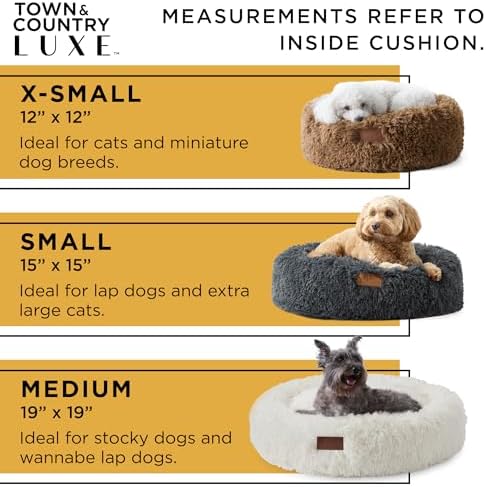 Town & Country Luxe CuddleTown Fuzzy Solid Donut Pet Bed, Soft, Cozy & Calming, Non-Slip Bottom, 100% Machine Washable, Cream, Small 24"x24"x7" Round