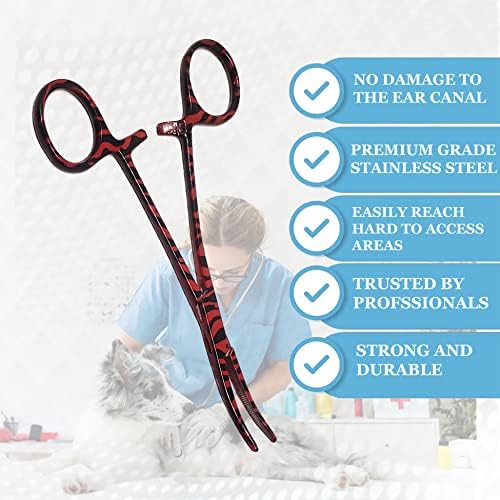 Dog Pet Ear/Nose Hair Puller Grooming Hemostat Locking Forceps Curved Pliers, 5.5" (14cm) Full Serrated Clamps Stainless Steel (Red Candy Swirls)