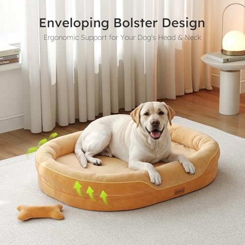 CWAWZ Jumbo Orthopedic Dog Bed, Big Dog Beds for Extra Large Sized Dogs with Full-Surround Bolsters, Dual-Sided Dog Cooling Bed with Memory Foam, Washable Pet Sofa Couch with Nonslip Bottom, Brown