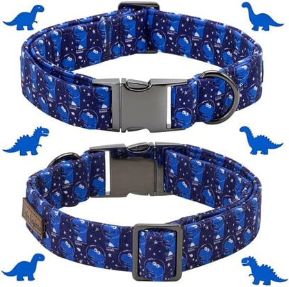 Dog Collars, Summer Blue Dinosaur Pet Collar Adjustable Cotton Boy Dog Collar with Bow Metal Buckle Bowtie Collars for Large Dogs