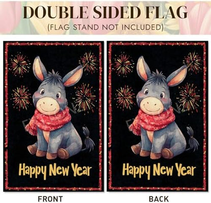 Happy New Year Garden Flag 12x18 Double Sided Vertical Linen Small Fireworks Donkey House Flag Welcome Holiday Winter House Outdoor Outside Decorations (27181)