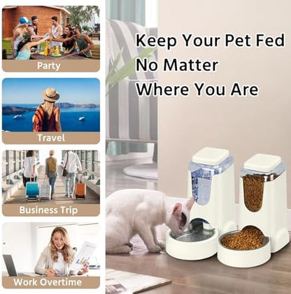 2 Pack Automatic Cat Feeder and Stainless Steel Water Dispenser, Gravity Dog Waterer Set Food Feeder and Waterer Set for Small Medium Kitten Puppy Pets (1 Gallon x 2, Ivory White)