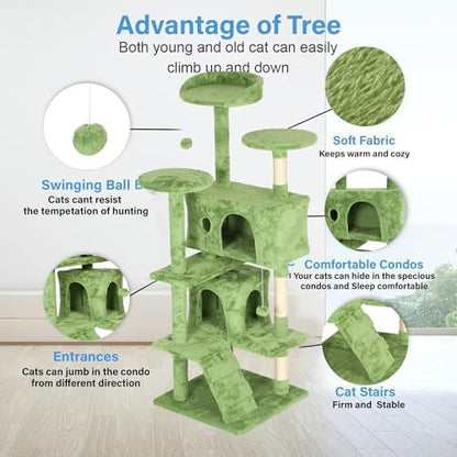 FDW | 54" Cat Tree Tower | Green | Multi-Level Indoor Activity Center