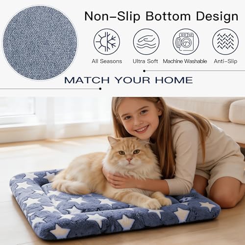 Dog Bed Mat for Crate, Soft Kennel Pad, Durable Comfort Mat for Dogs and Cats, Home and Crate Use (NavyBlue&Star, 18"*14"*1.5")