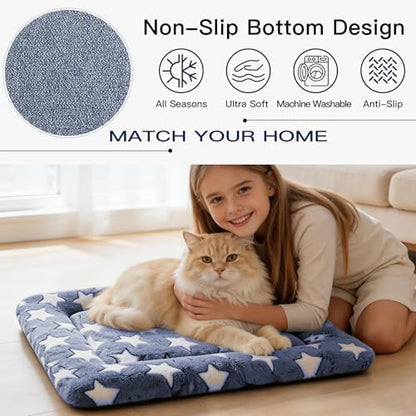 Dog Bed Mat for Crate, Soft Kennel Pad, Durable Comfort Mat for Dogs and Cats, Home and Crate Use (NavyBlue&Star, 18"*14"*1.5")