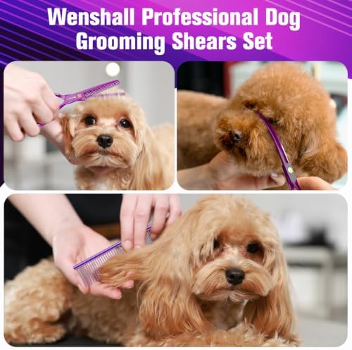 Wenshall Professional Dog Grooming Scissors Set, 7.0 Inch Titanium Straight & Thinning & Curved scissors and Comb for Dog grooming (Purple)