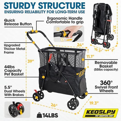 Folding Shopping Cart & Pet Stroller 99 LB, 130L Large Grocery Cart