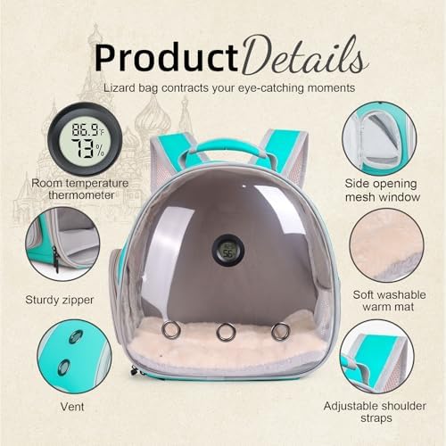 Bearded Dragon Backpack Carrier w/Reptile Thermometer Hygrometer, Clear Bubble Window Astronaut Space Capsule Travel Bag for Leopard Gecko, Ball Python, Lizard, Hermit Crab, Spider, Guinea Pig