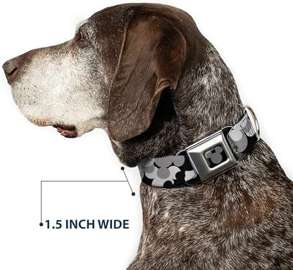 Dog Collar Seatbelt Buckle Mickey Mouse Head Stacked Black Grays 16 to 23 Inches 1.5 Inch Wide, DC-WDY349-WM