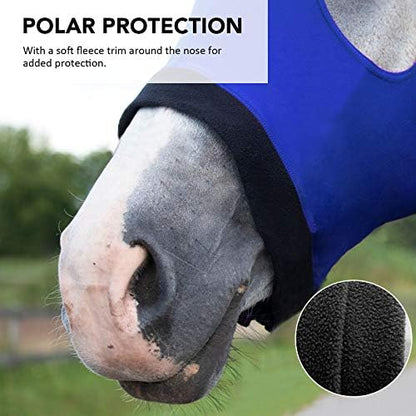 Harrison Howard Horse Stretch Hood Without Ears Snug Fitting Hood with Zip Closure Covers Face, Shoulders, Mane, Chest and Withers Perfect for Show/Event Preparation - Blue