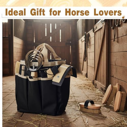 Abbylike 12 Piece Horse Grooming Kit with Organizer Tote Bag Brush Sets for Derby Day Show Horses Professional Tools for Care & Massage(Khaki and Black)